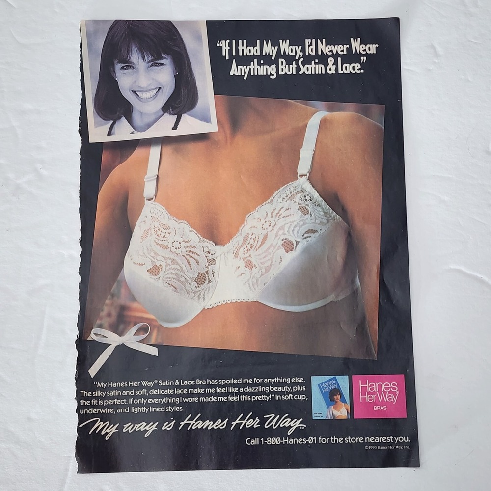 Vintage 1990 Hanes Her Way Satin & Lace Bra Print Ad Original Magazine Clipping